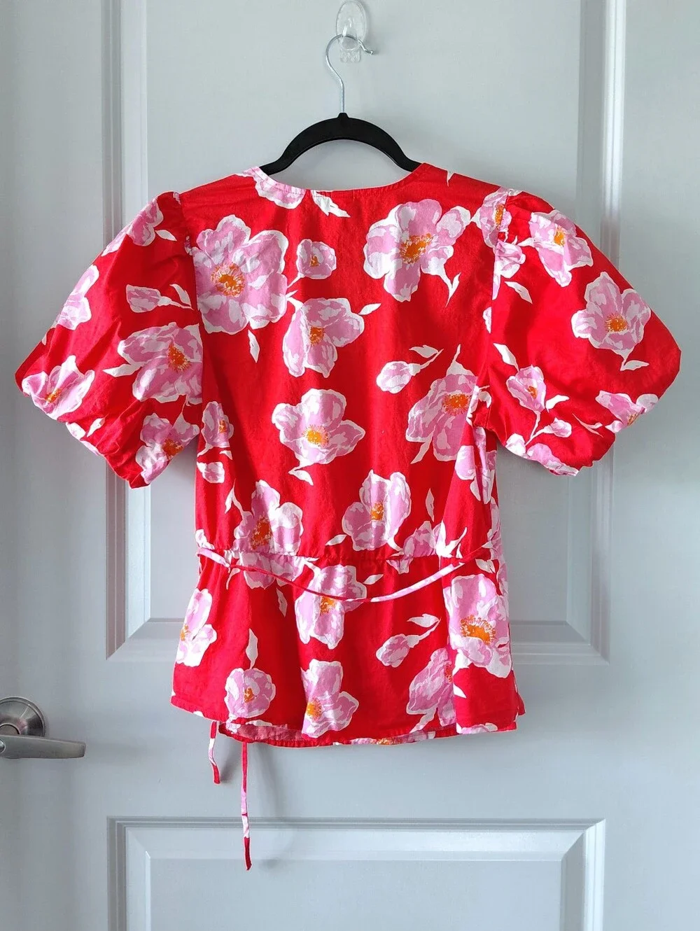 Old Navy Red Floral Wrap Top with Puff Sleeves